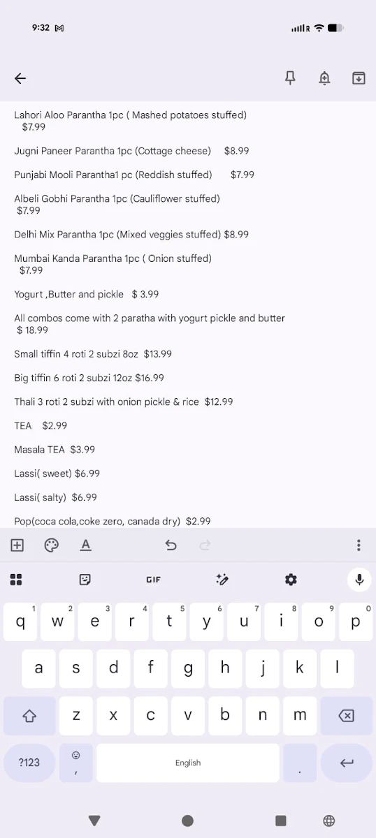 Menu, Indian cookhouse