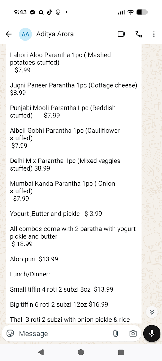Menu, Indian cookhouse
