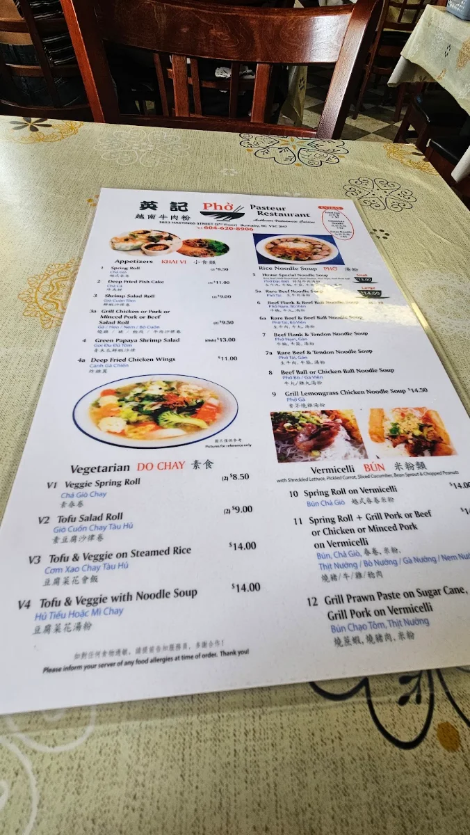 Menu, Phở Pasteur Restaurant