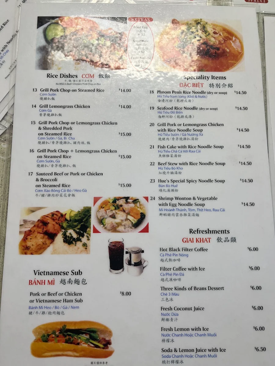 Menu, Phở Pasteur Restaurant