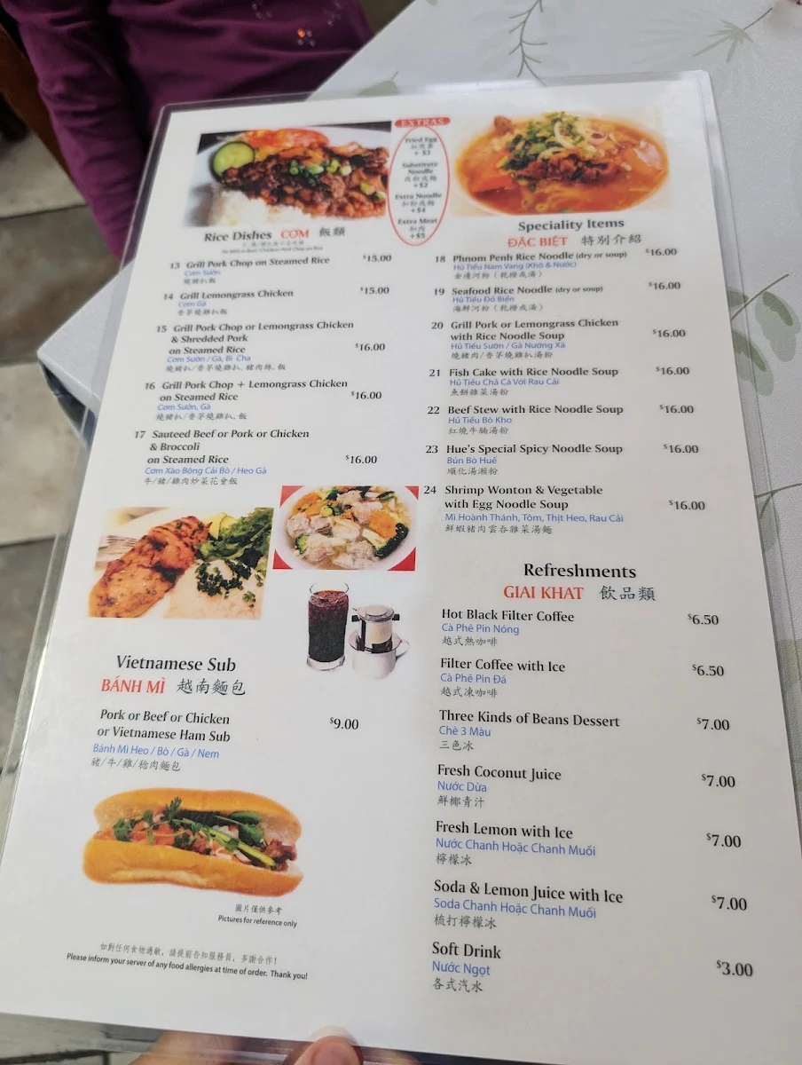 Menu, Phở Pasteur Restaurant