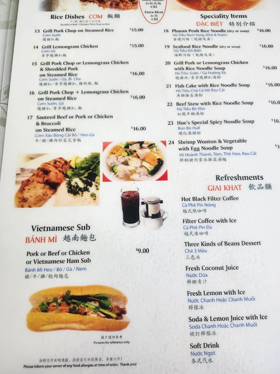 Menu, Phở Pasteur Restaurant
