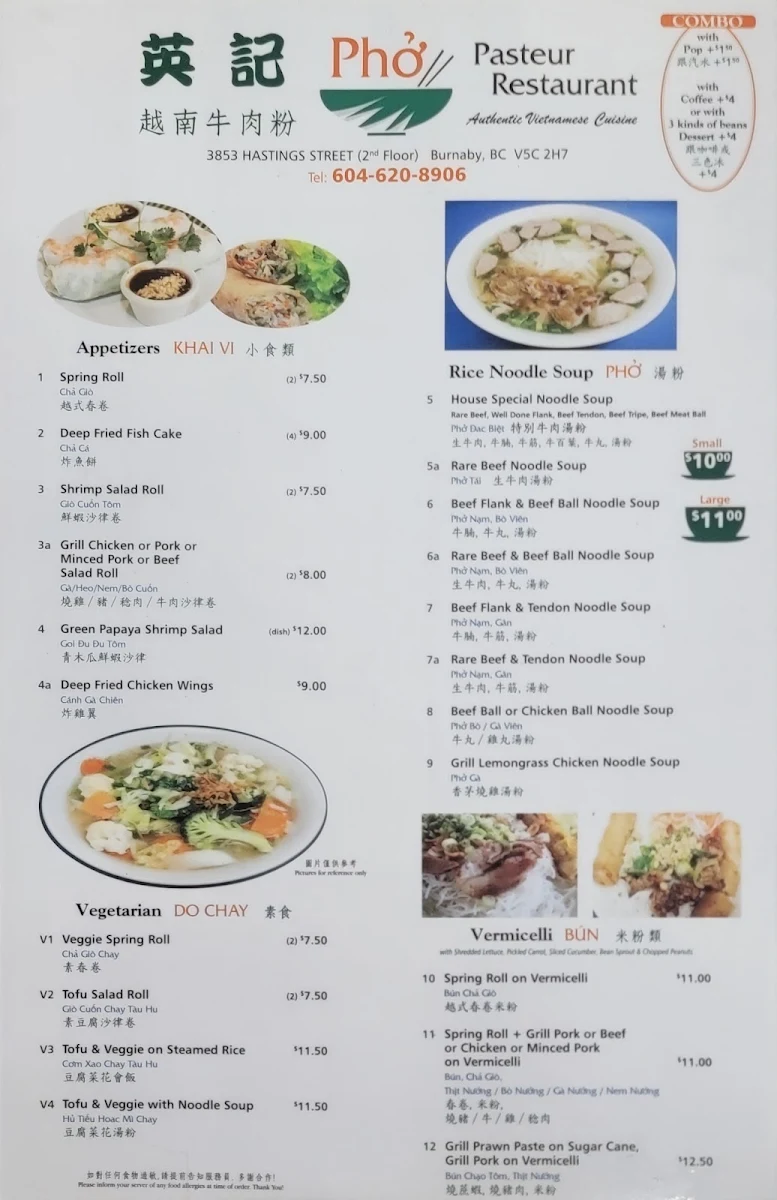 Menu, Phở Pasteur Restaurant
