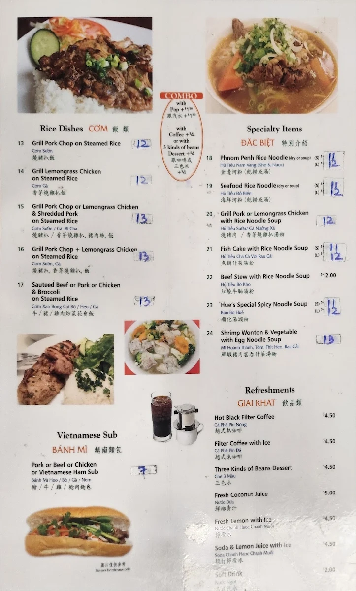 Menu, Phở Pasteur Restaurant