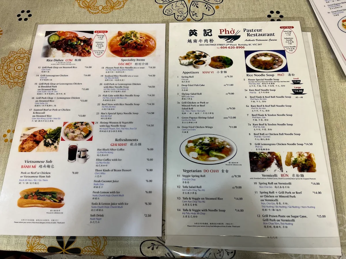 Menu, Phở Pasteur Restaurant
