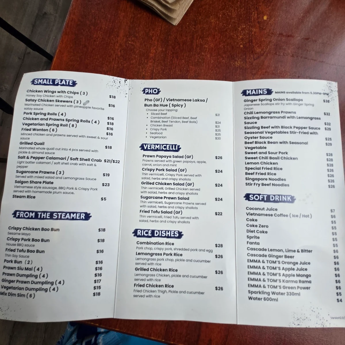 Menu, Rye Pier Pho
