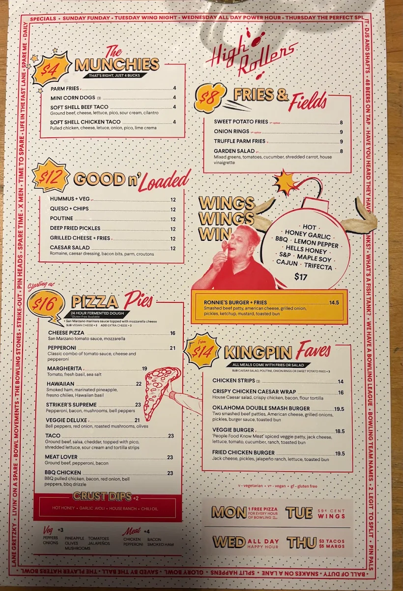 Menu, High Rollers Pizza & Bowling