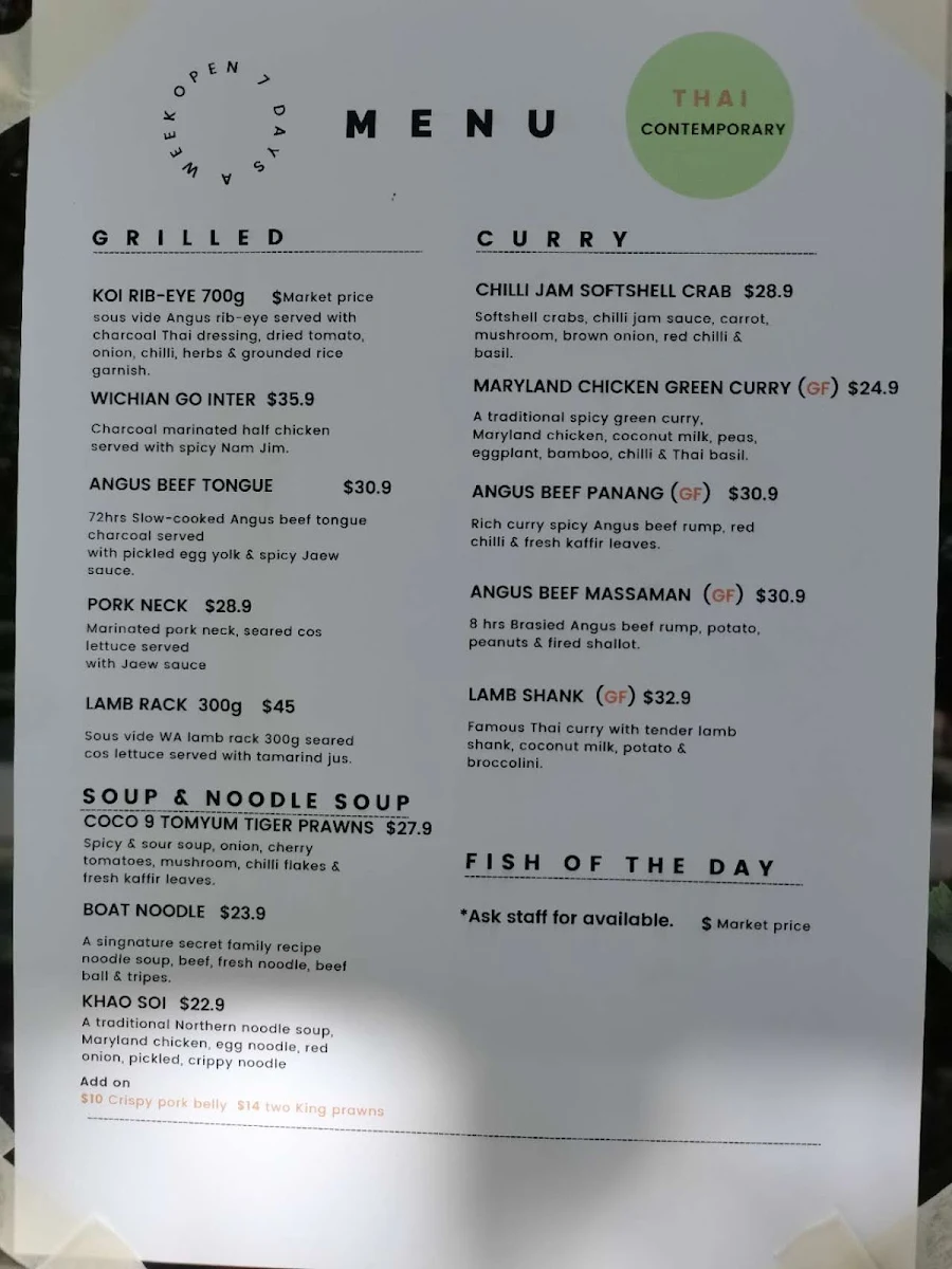 Menu, CocoNine Gungahlin