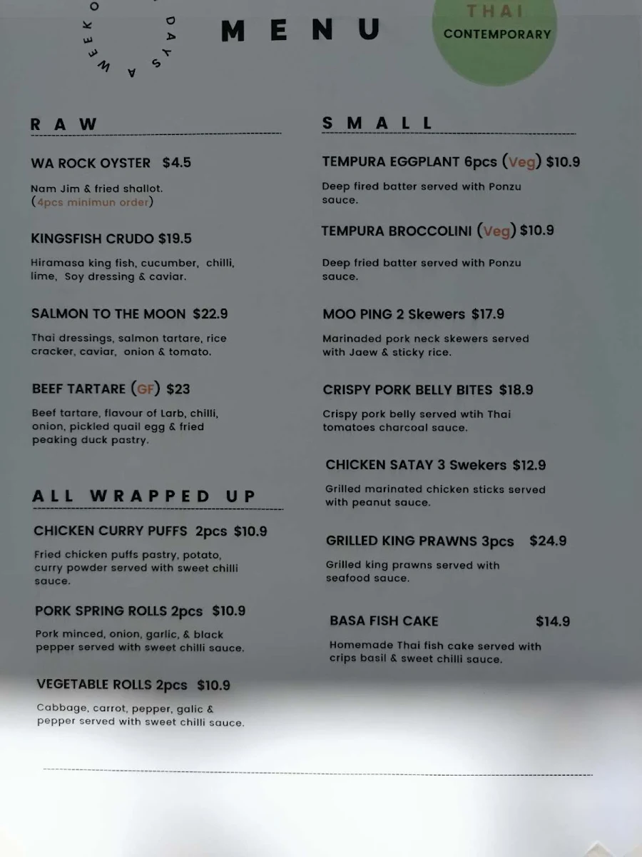 Menu, CocoNine Gungahlin