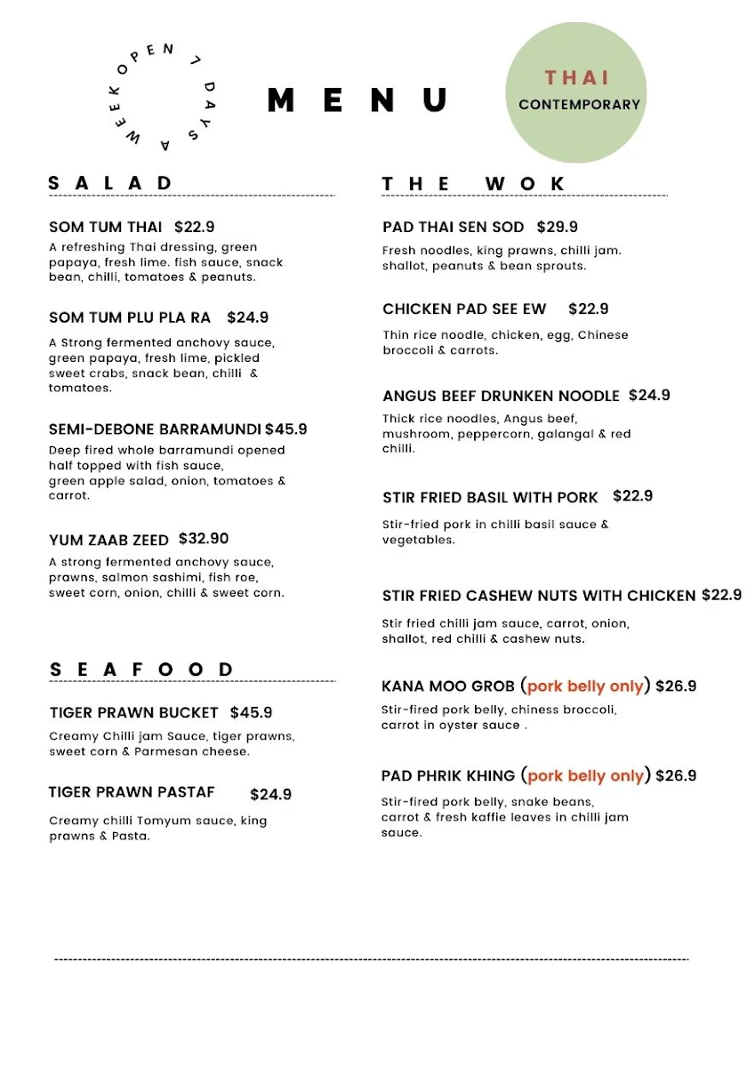Menu, CocoNine Gungahlin
