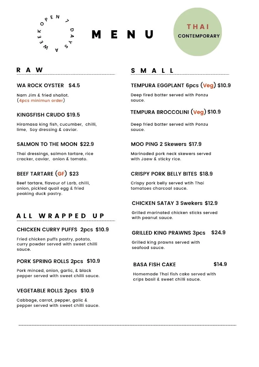 Menu, CocoNine Gungahlin