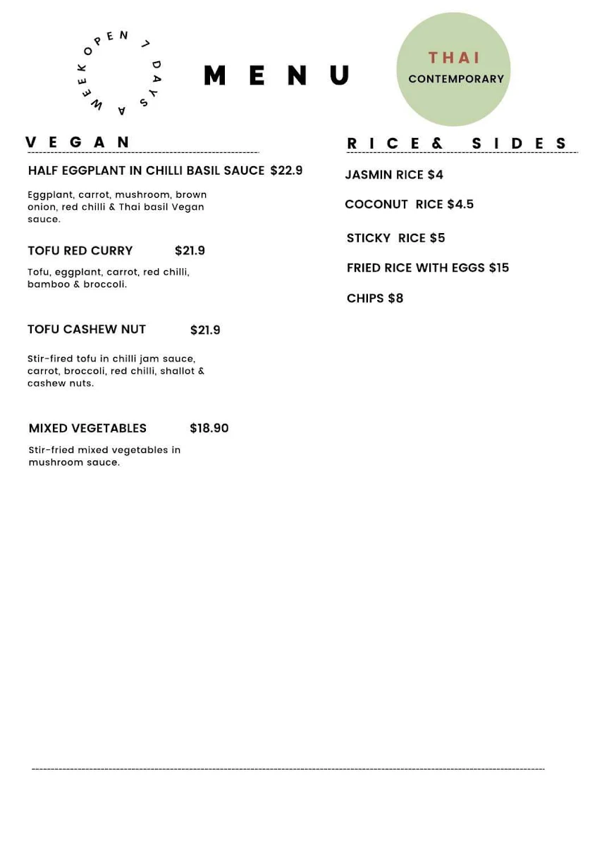 Menu, CocoNine Gungahlin