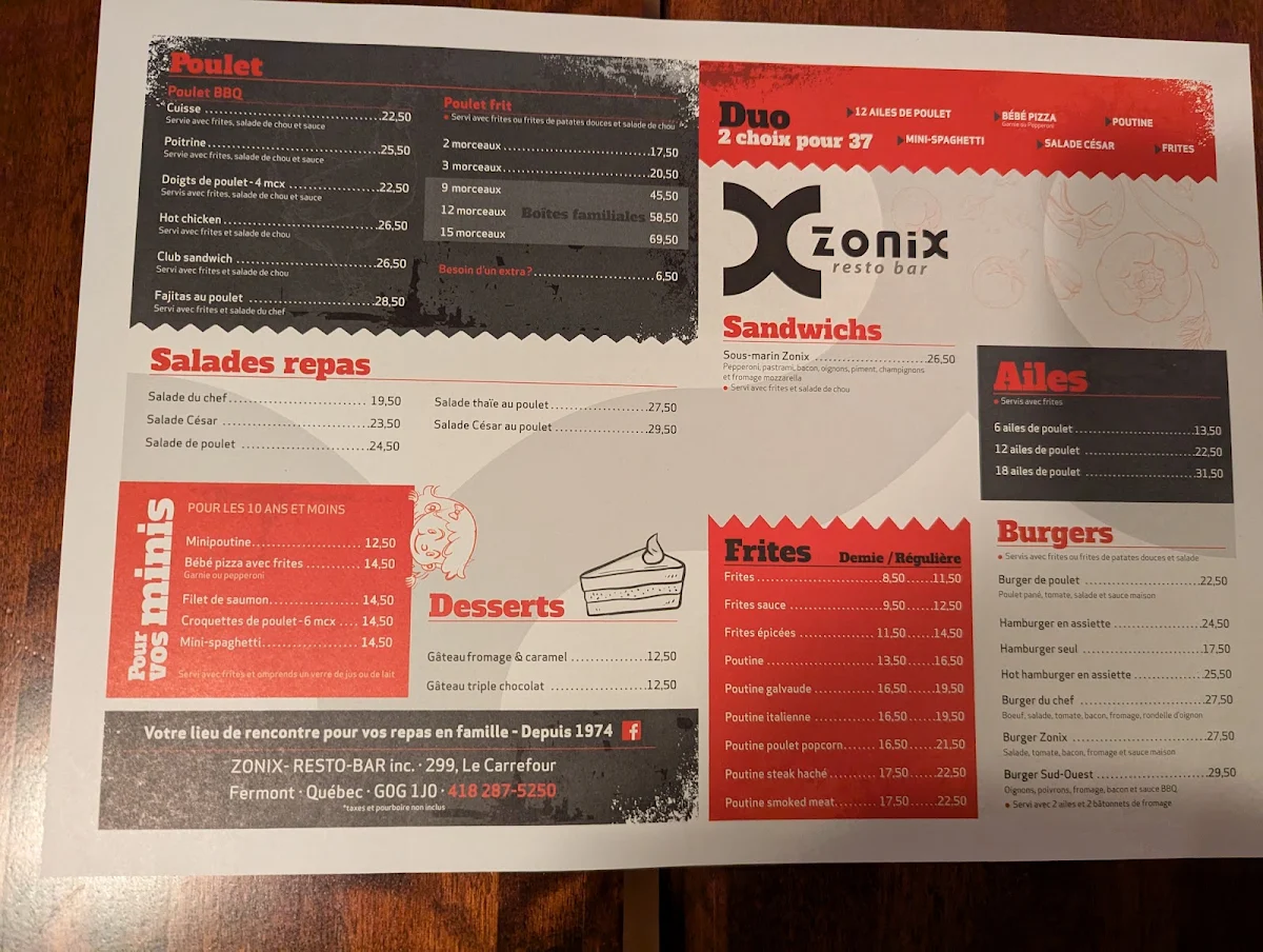Menu, Resto-Bar Zonix