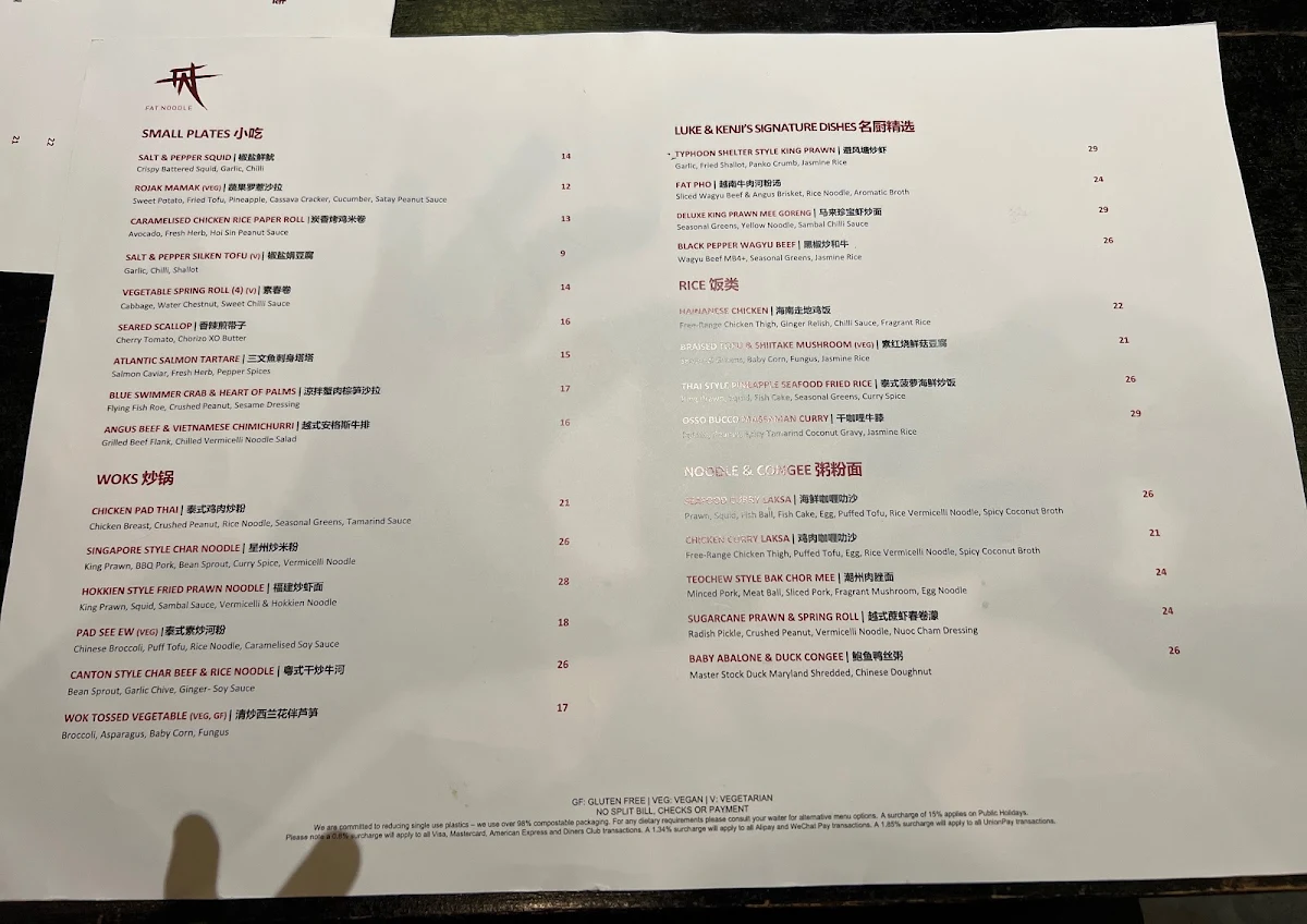 Menu, Fat Noodle at The Star