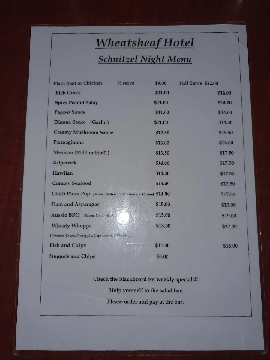 Menu, Wheatsheaf Hotel
