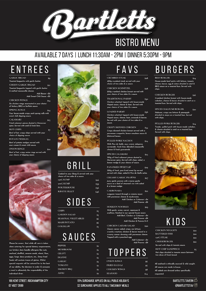 Menu, Bartletts Tavern