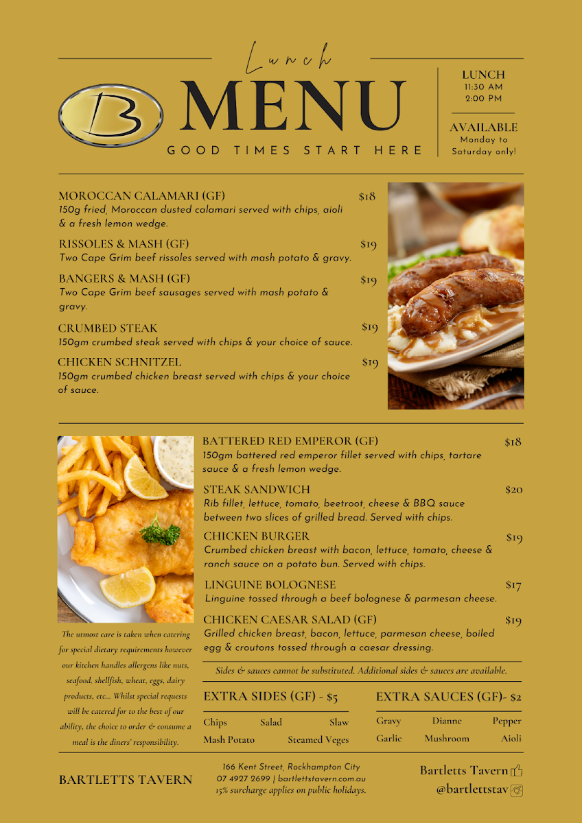 Menu, Bartletts Tavern
