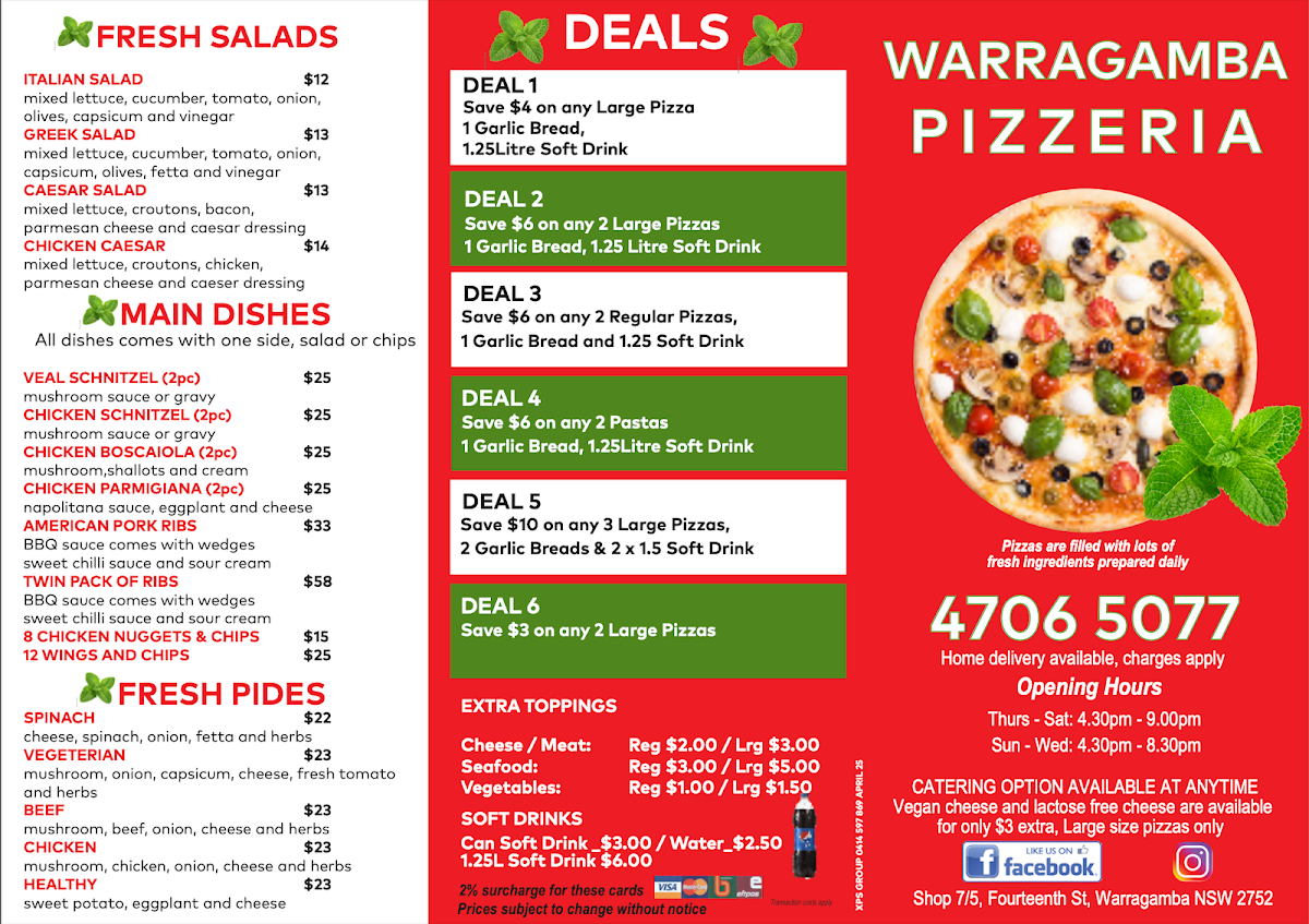 Menu, Warragamba Pizzeria