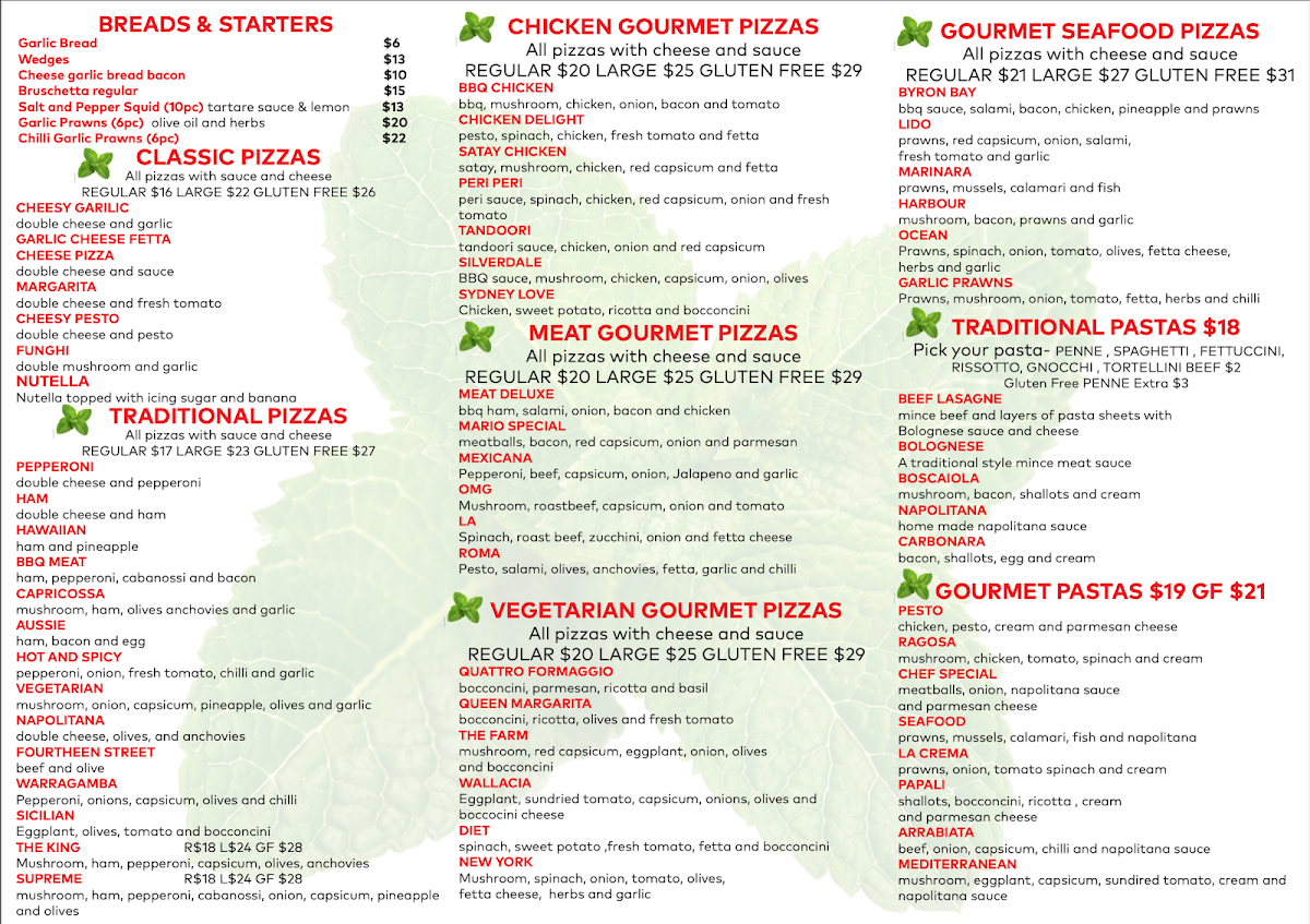 Menu, Warragamba Pizzeria