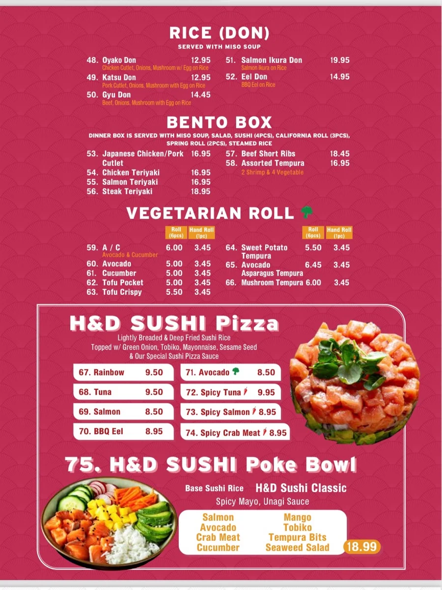 Menu, H&D Sushi Japanese Restaurant