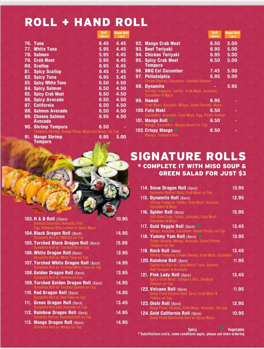 Menu, H&D Sushi Japanese Restaurant