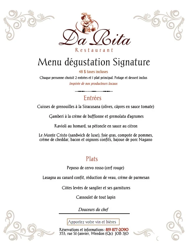 Menu, Restaurant Da Rita