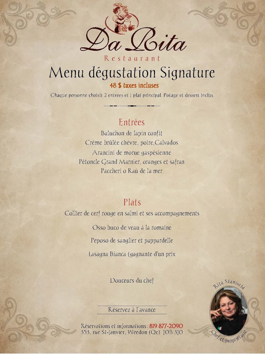 Menu, Restaurant Da Rita