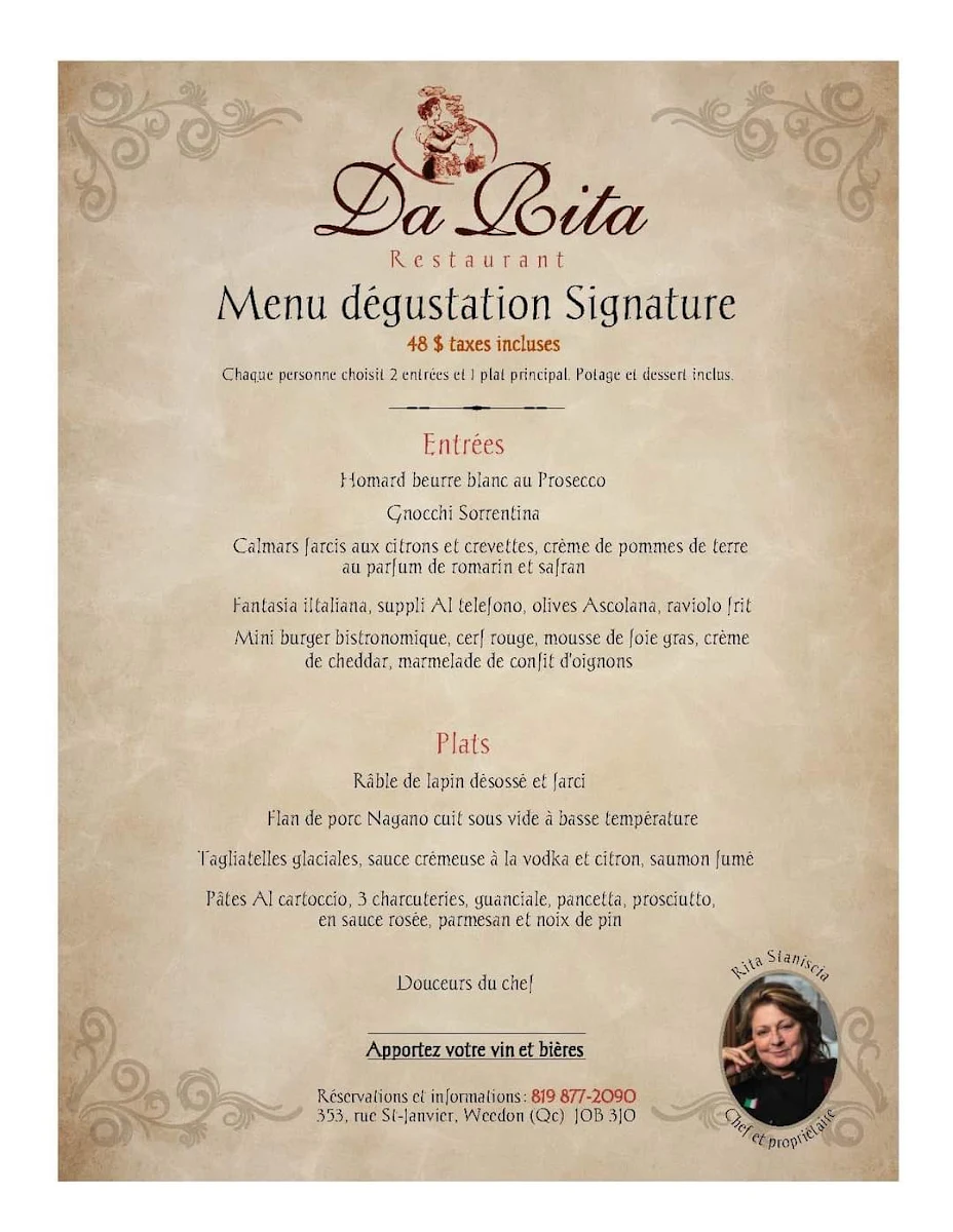 Menu, Restaurant Da Rita