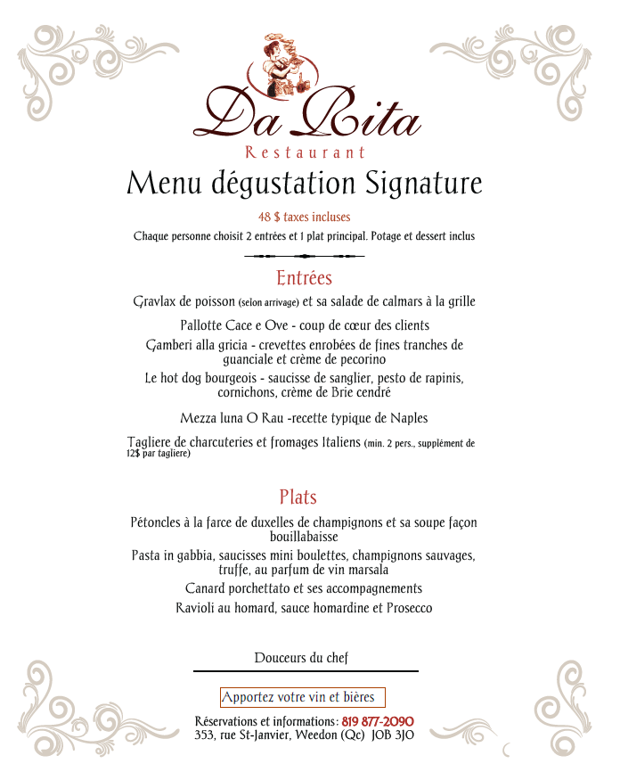 Menu, Restaurant Da Rita