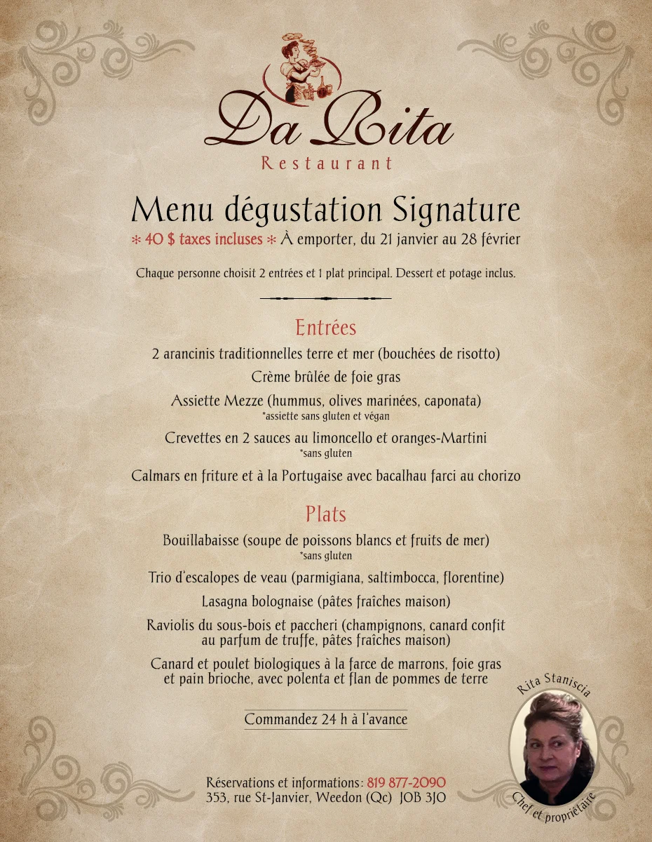 Menu, Restaurant Da Rita