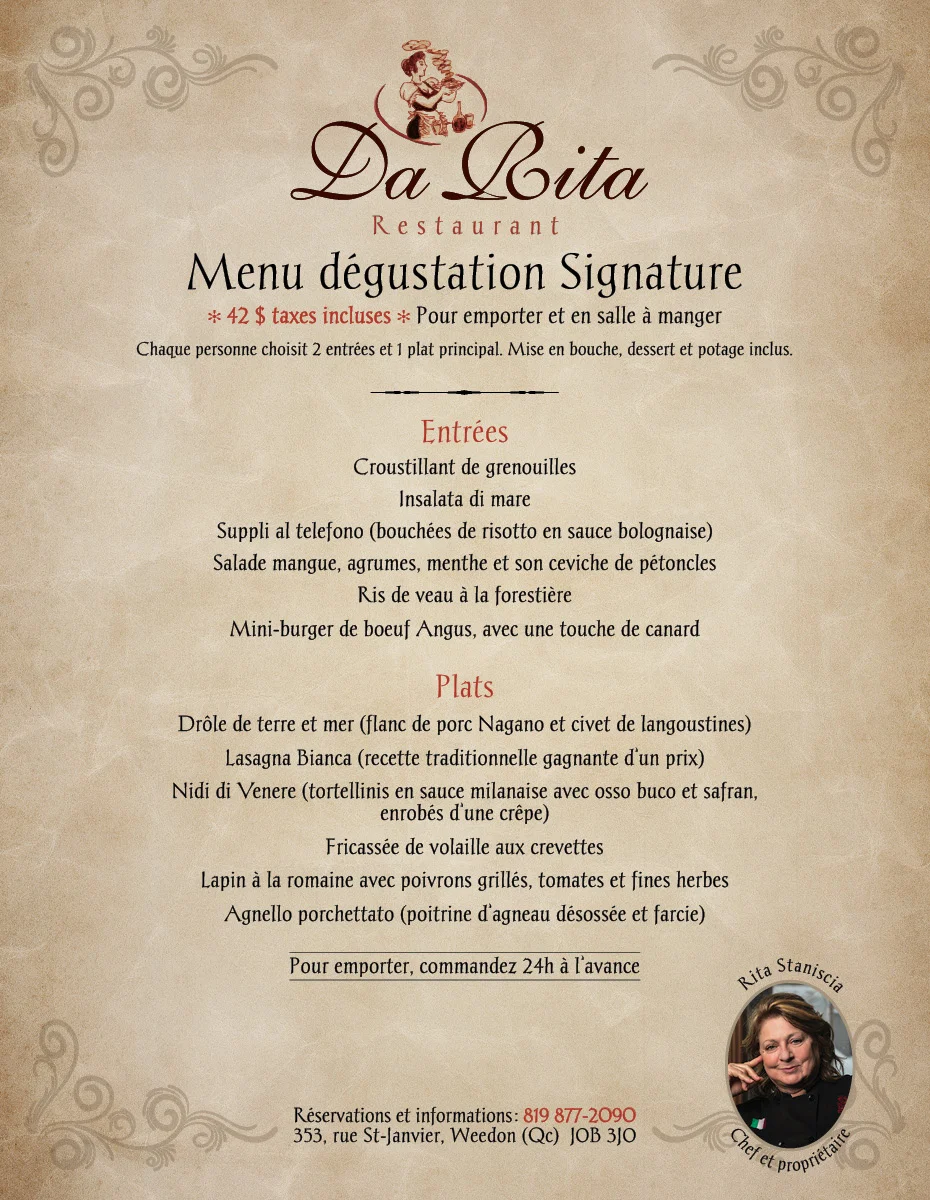 Menu, Restaurant Da Rita