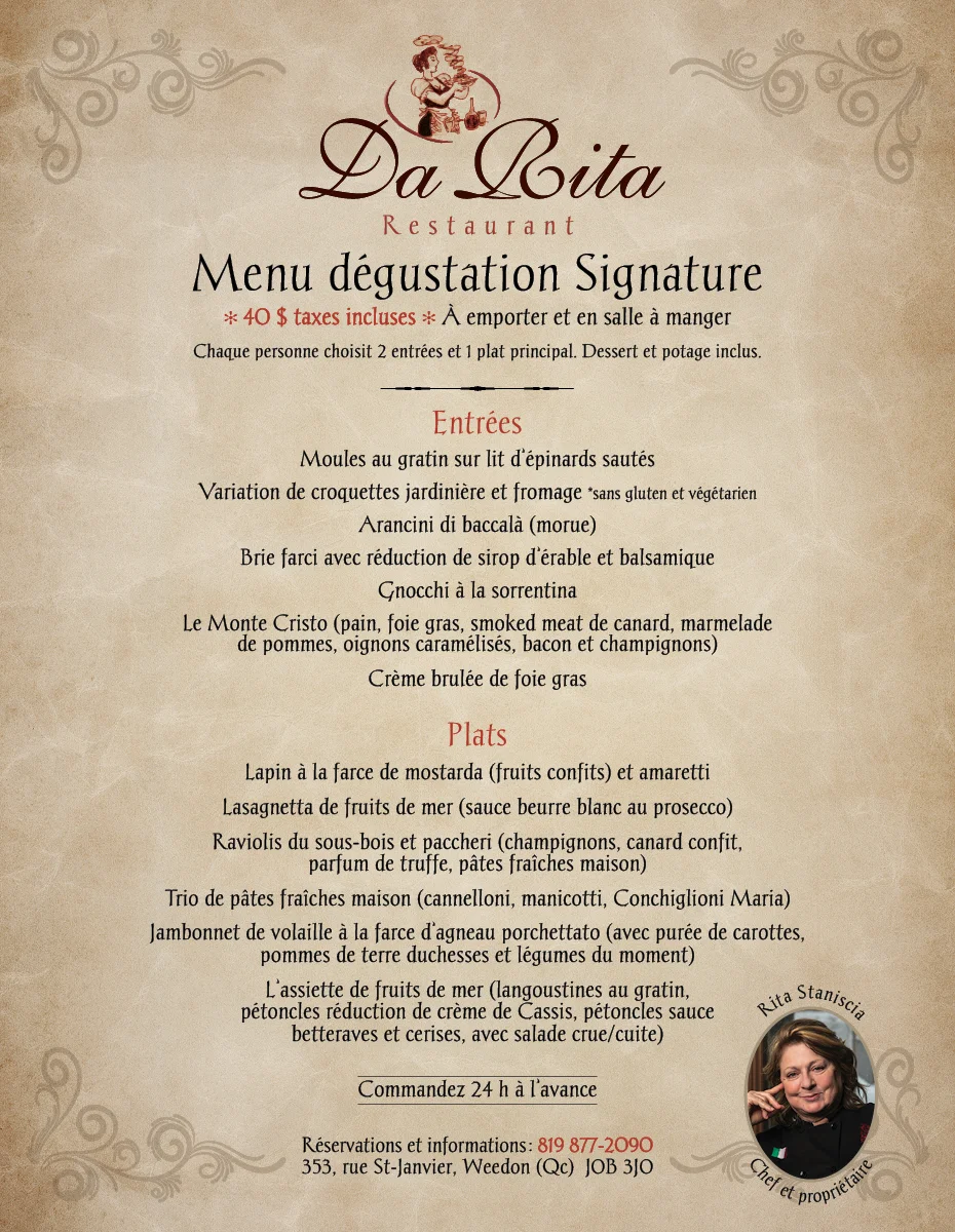 Menu, Restaurant Da Rita