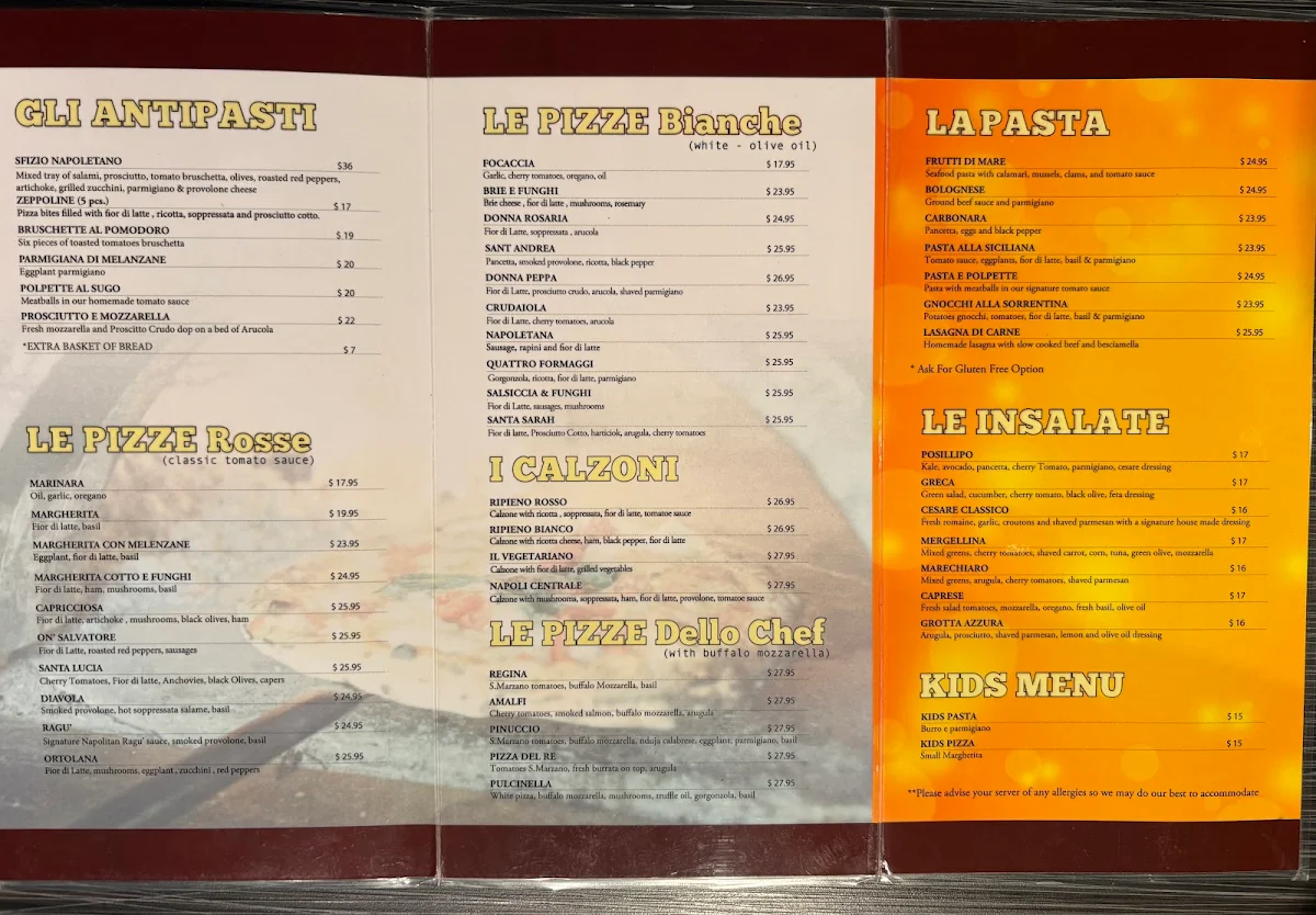 Menu, Napoli Centrale Pizzeria