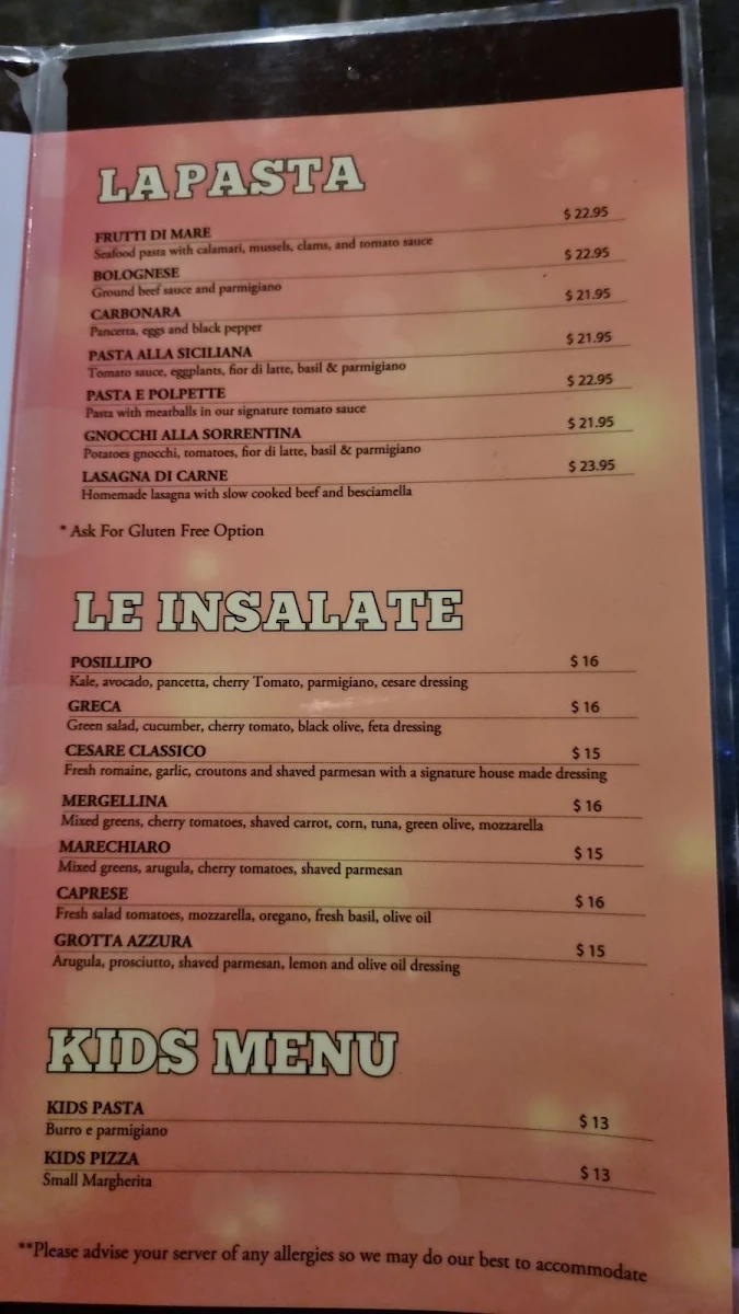 Menu, Napoli Centrale Pizzeria