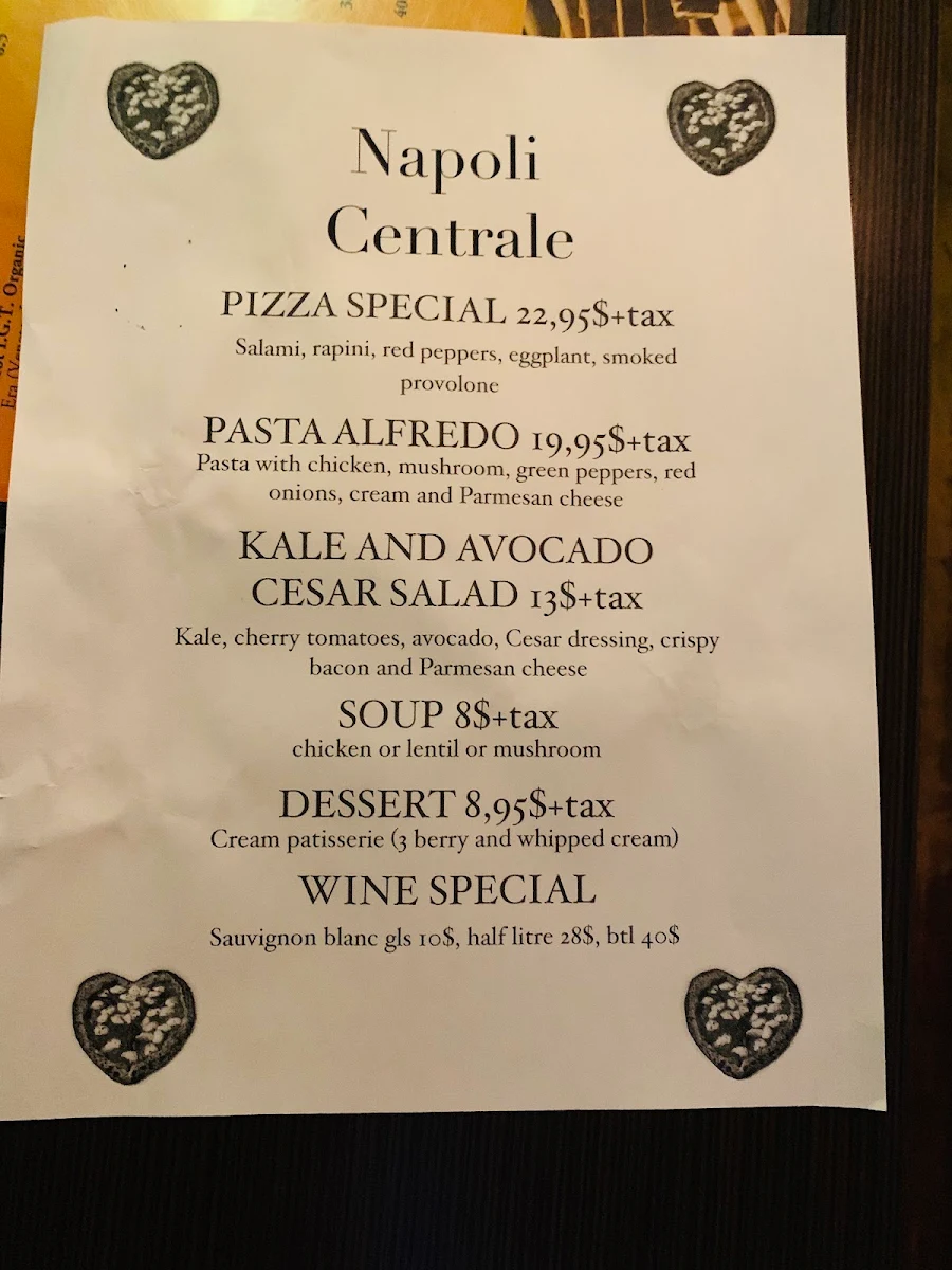 Menu, Napoli Centrale Pizzeria