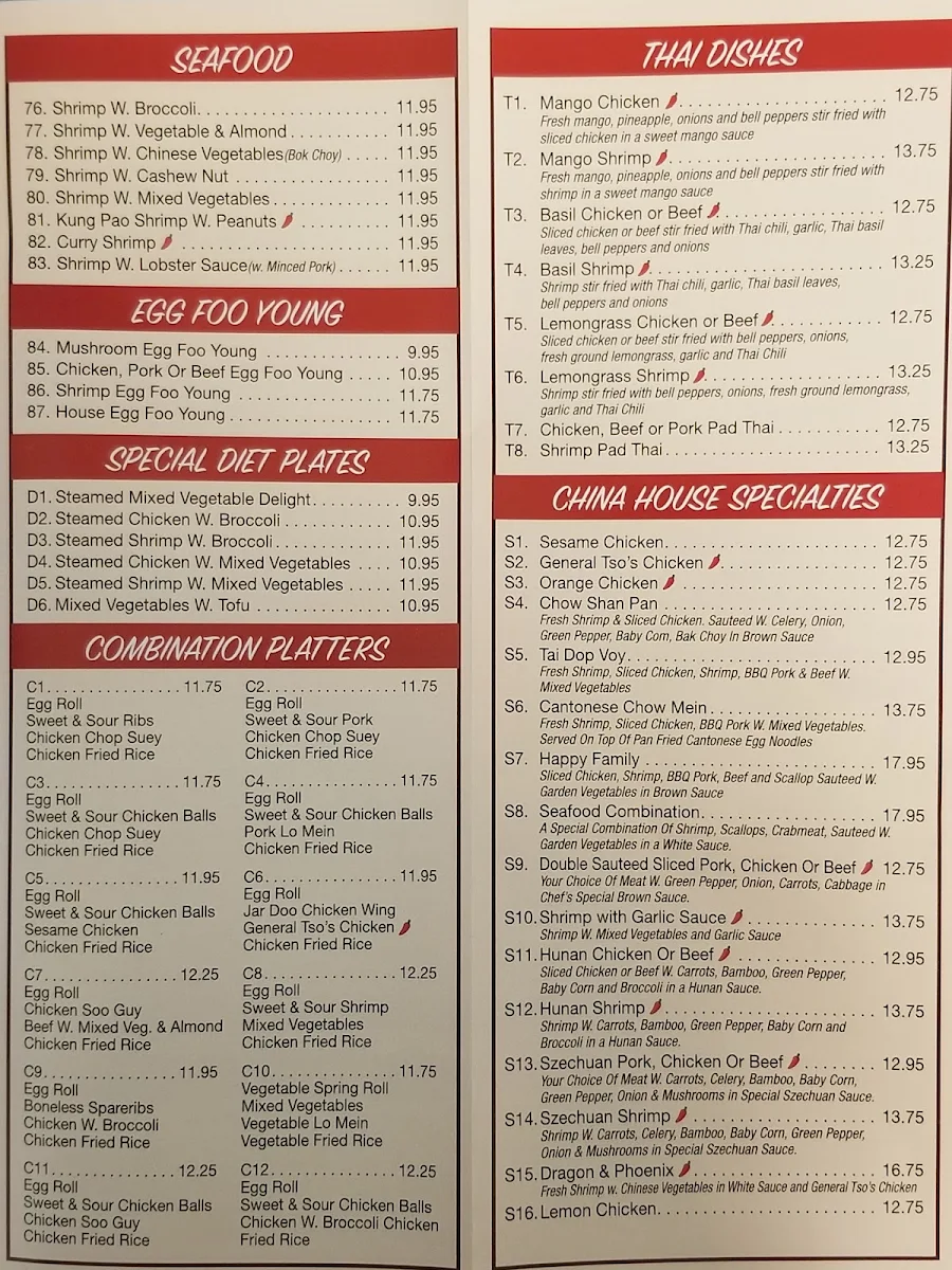 Menu, China House Restaurant
