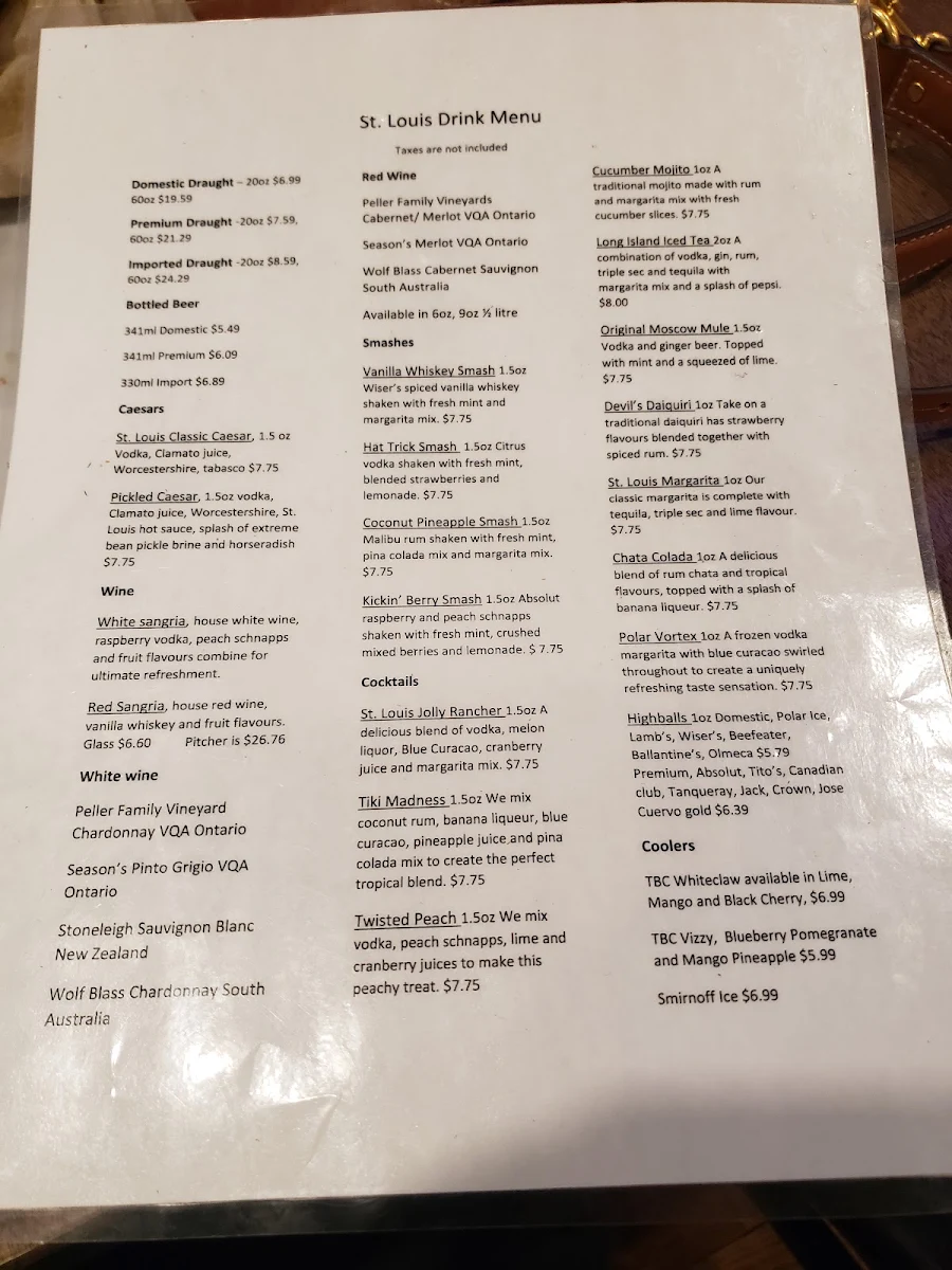 Menu, St. Louis Bar & Grill