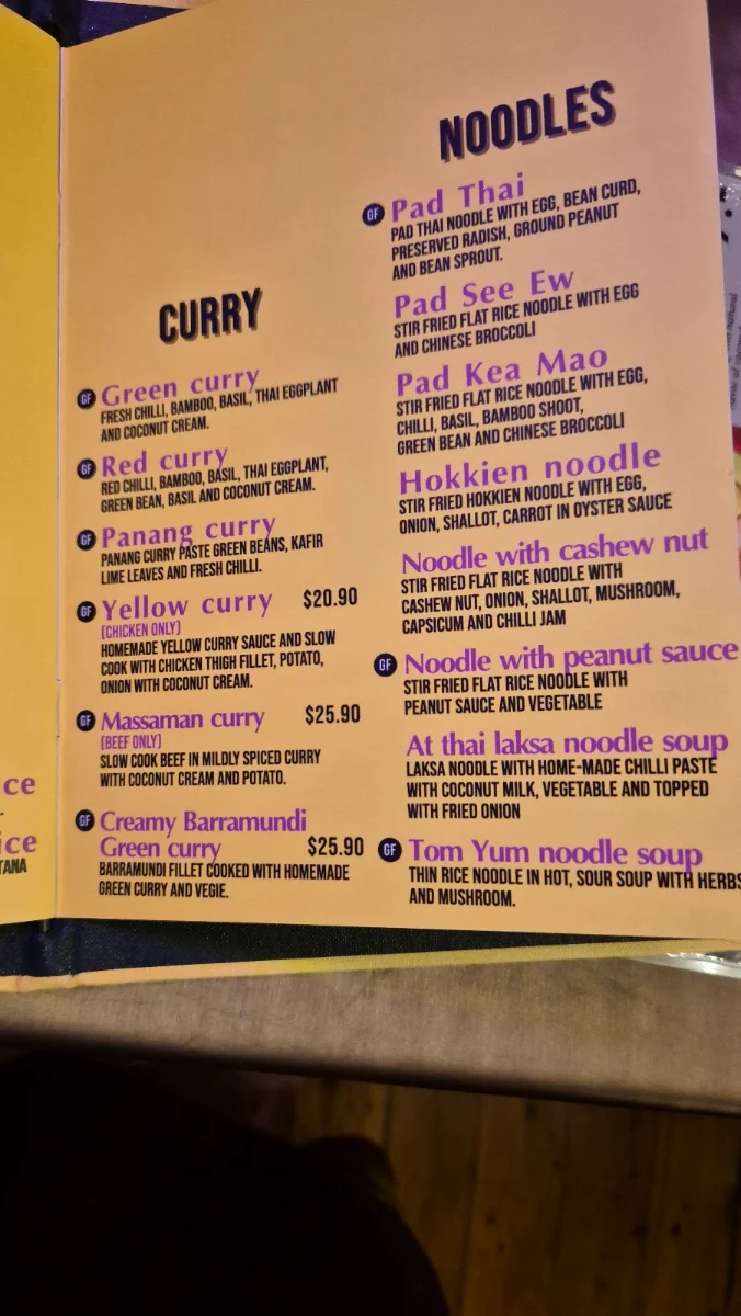 Menu, At Thai Lindfield