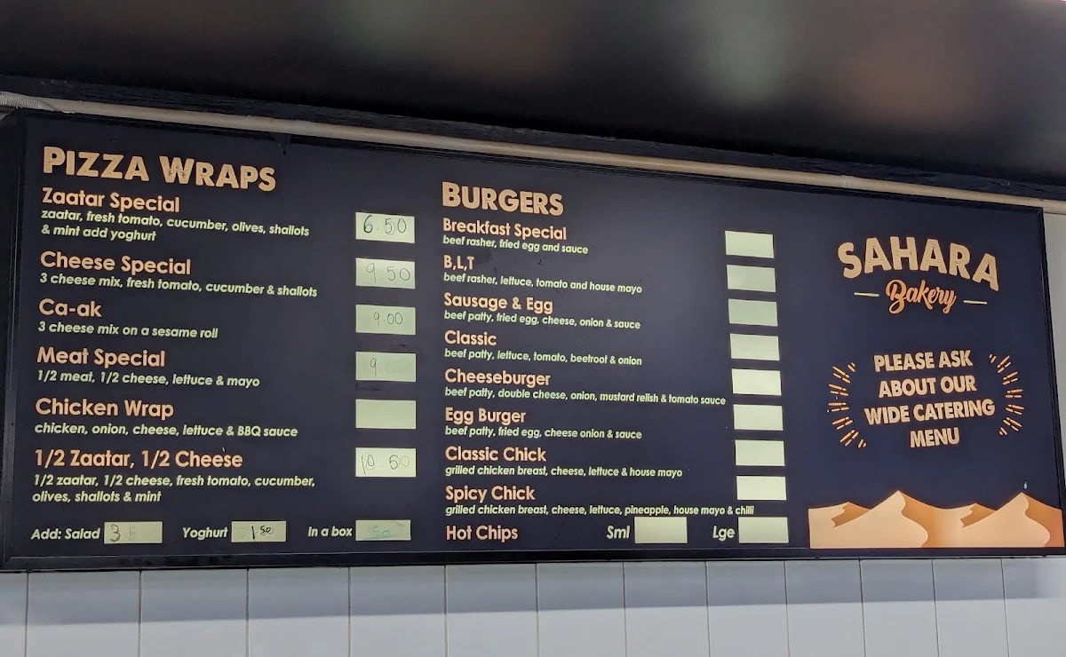 Menu, Sahara Bakery