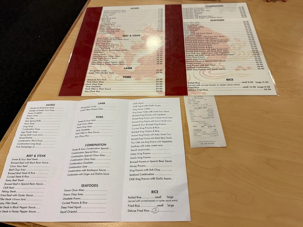 Menu, Kee Ho Restaurant