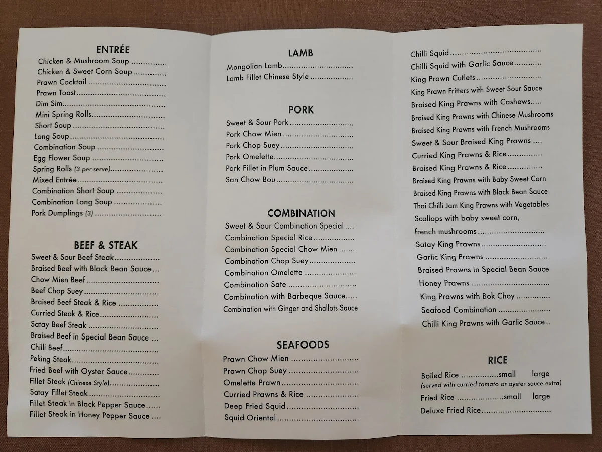 Menu, Kee Ho Restaurant