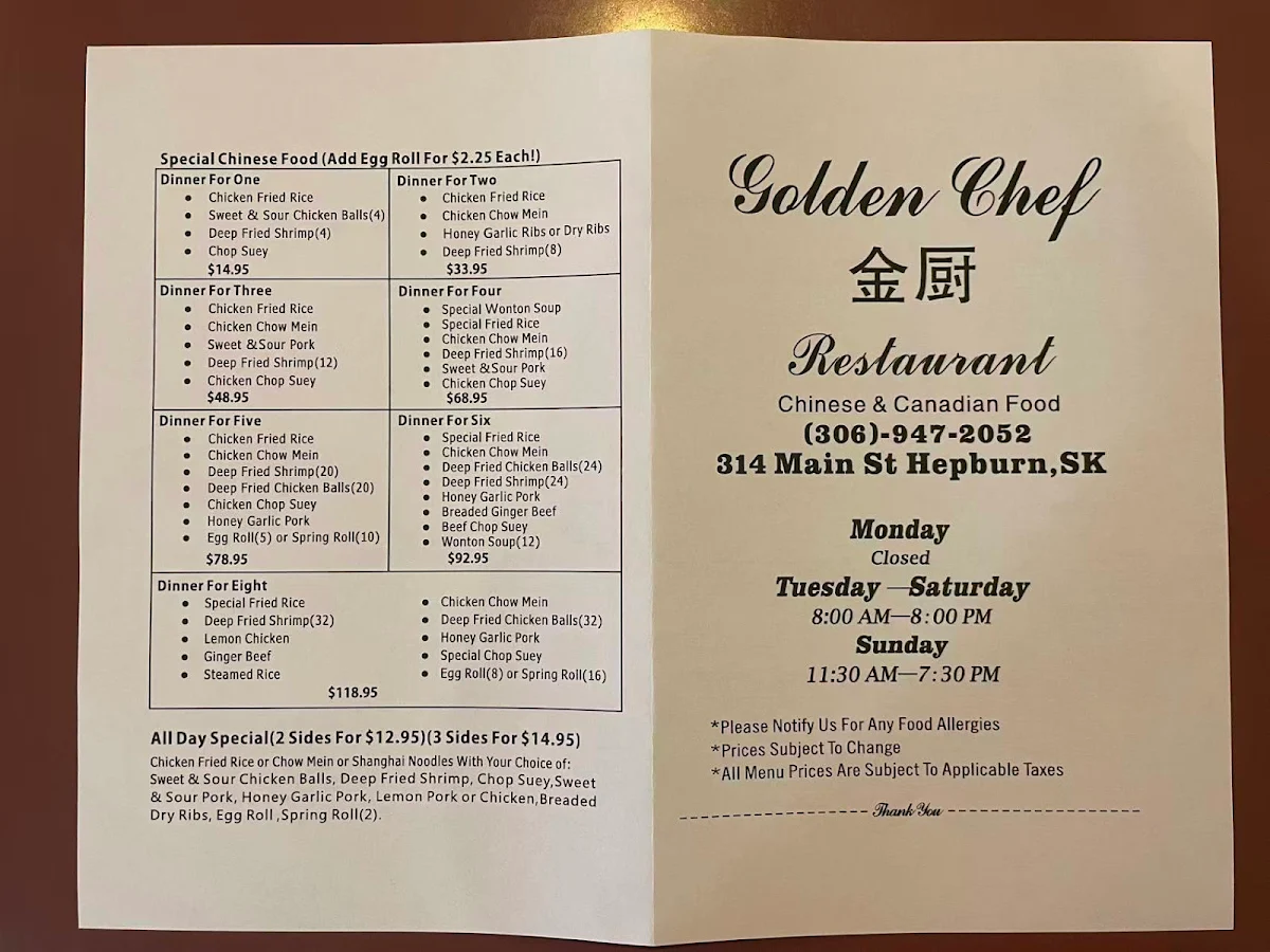 Menu, Golden Chef