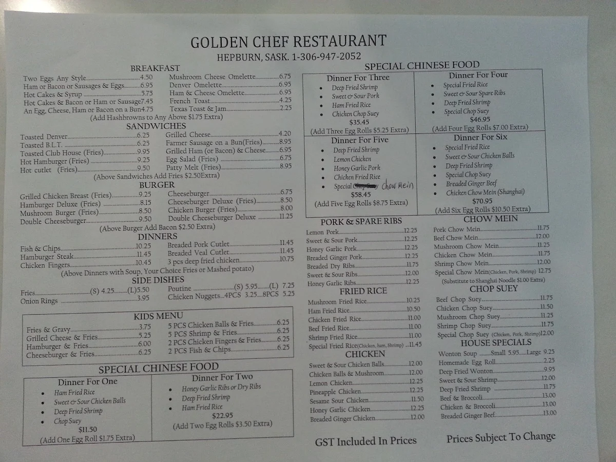 Menu, Golden Chef