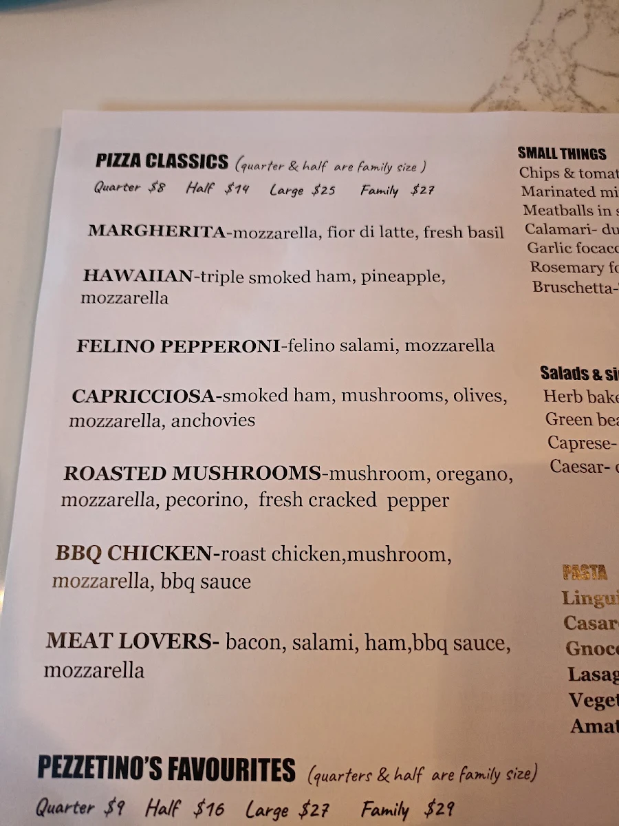 Menu, Pezzetinos Pizza & Pasta