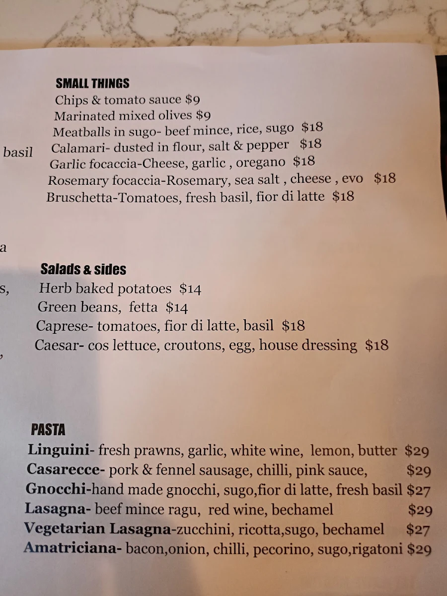 Menu, Pezzetinos Pizza & Pasta