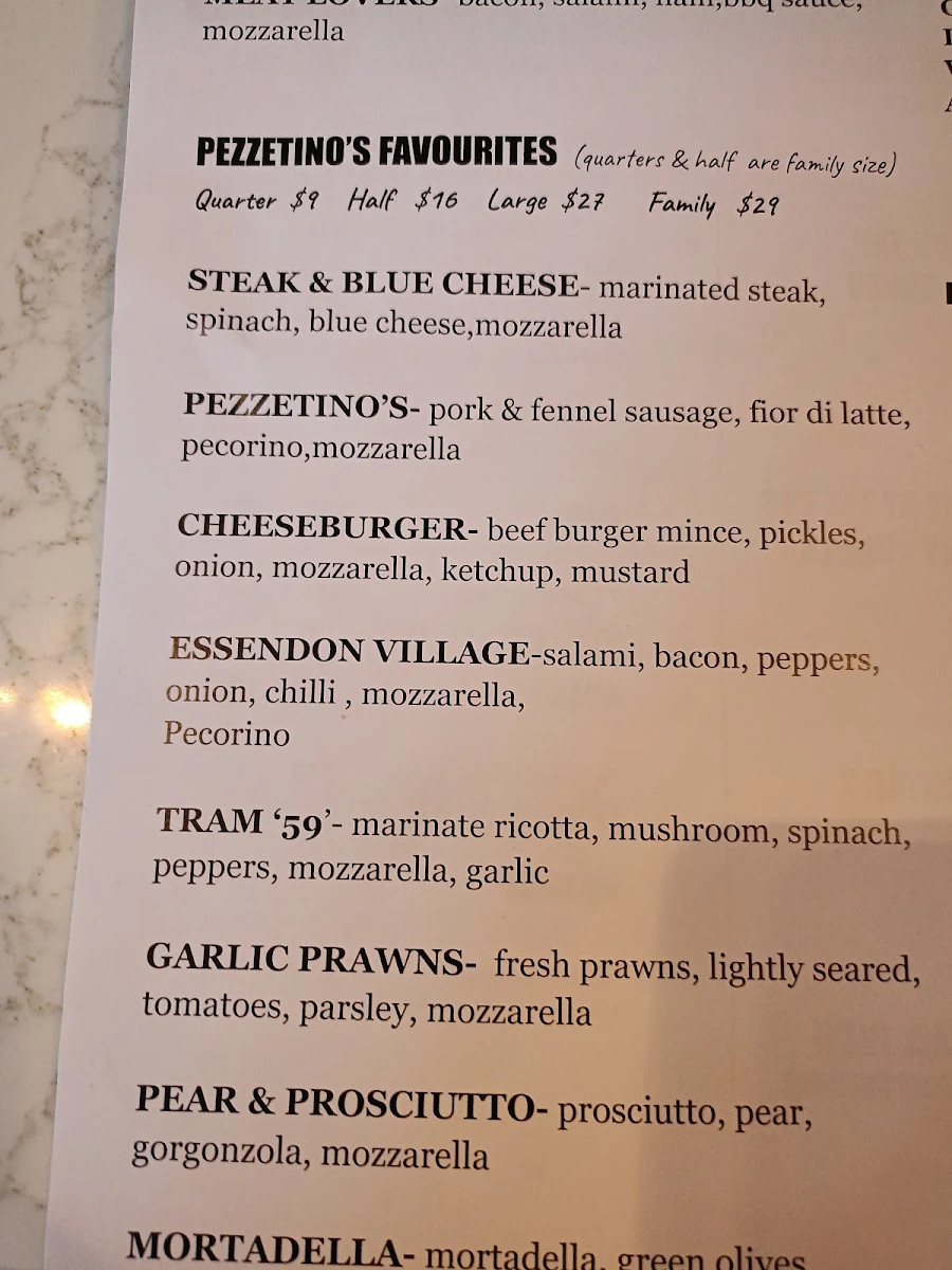 Menu, Pezzetinos Pizza & Pasta