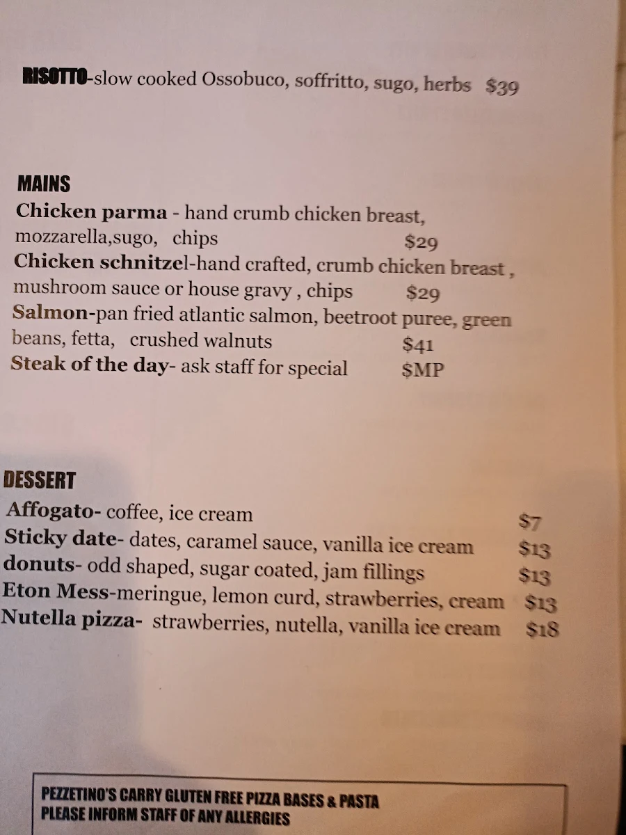 Menu, Pezzetinos Pizza & Pasta