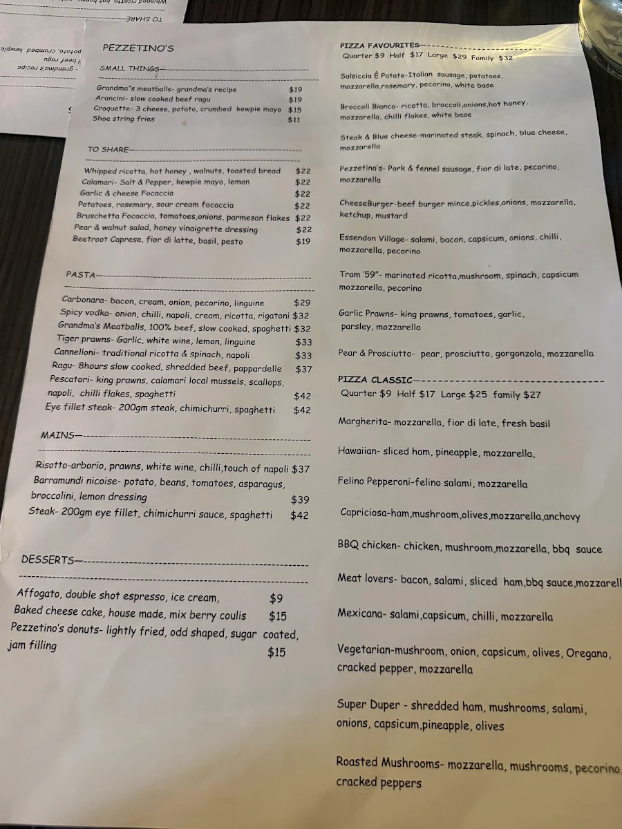 Menu, Pezzetinos Pizza & Pasta