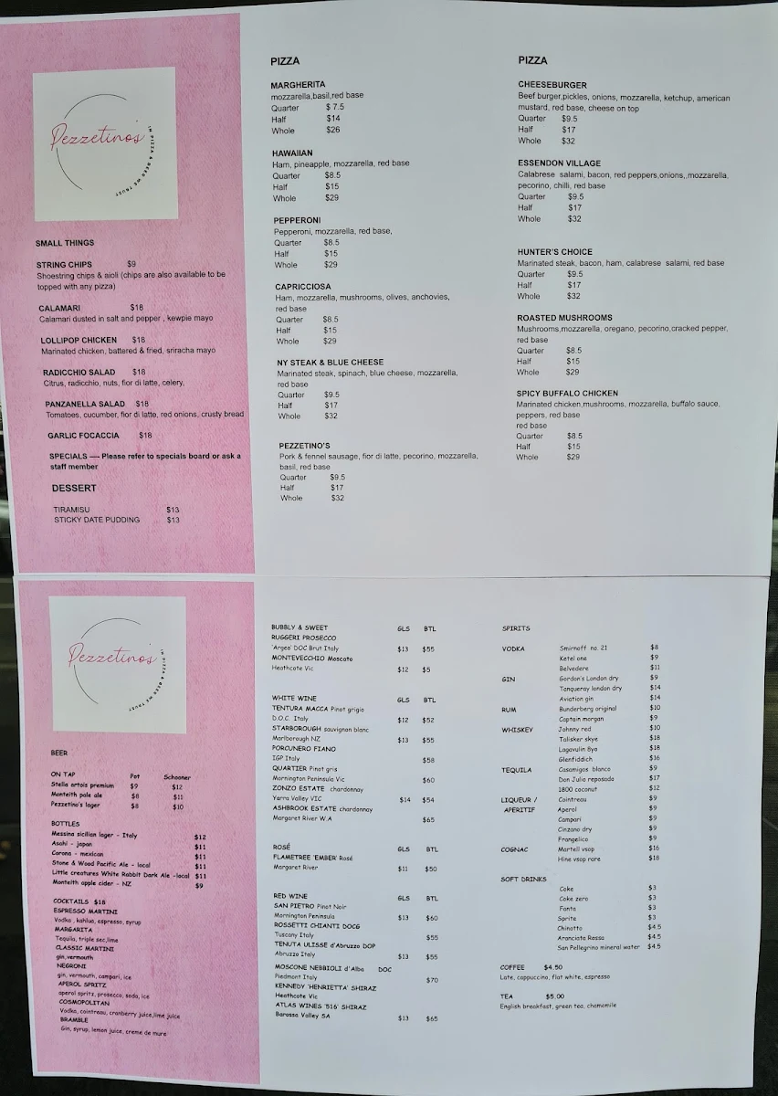 Menu, Pezzetinos Pizza & Pasta
