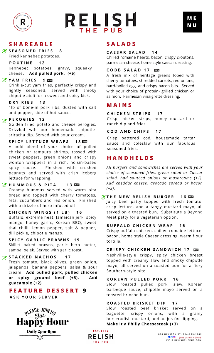 Menu, Relish The Pub